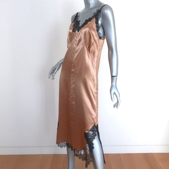 HELMUT LANG LACE-TRIM SLIP DRESS GOLD SATIN SIZE SMALL SPAGHETTI STRAP MIDI - Picture 4 of 8